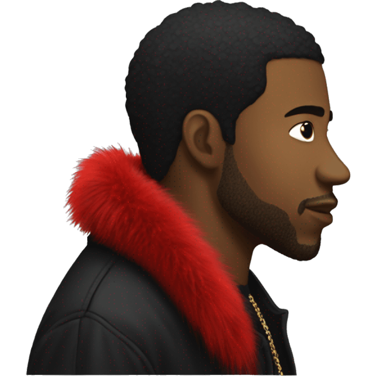 side profile of a hip hop artist. he is wearing a black coat. the coat also has a red furry collar. emoji