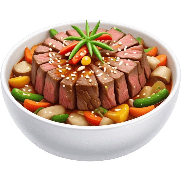 Cinematic Realistic Bulgogi Dish Emoji, featuring tender, marinated beef stir-fried with vegetables rendered with dynamic textures and mouth-watering lighting. emoji