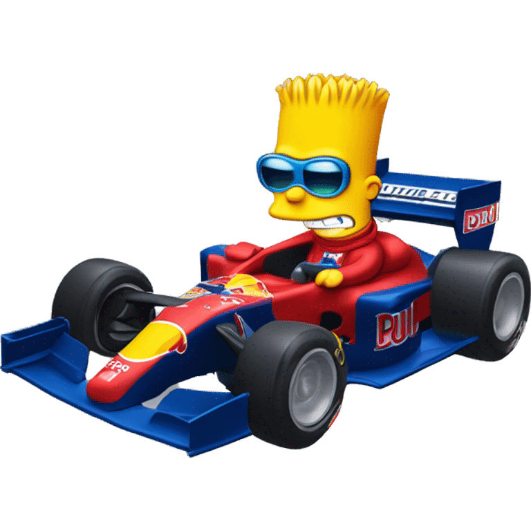 Bart simpson with his helmet but his eyes visivle, driving a red bull in a track of formula 1 emoji