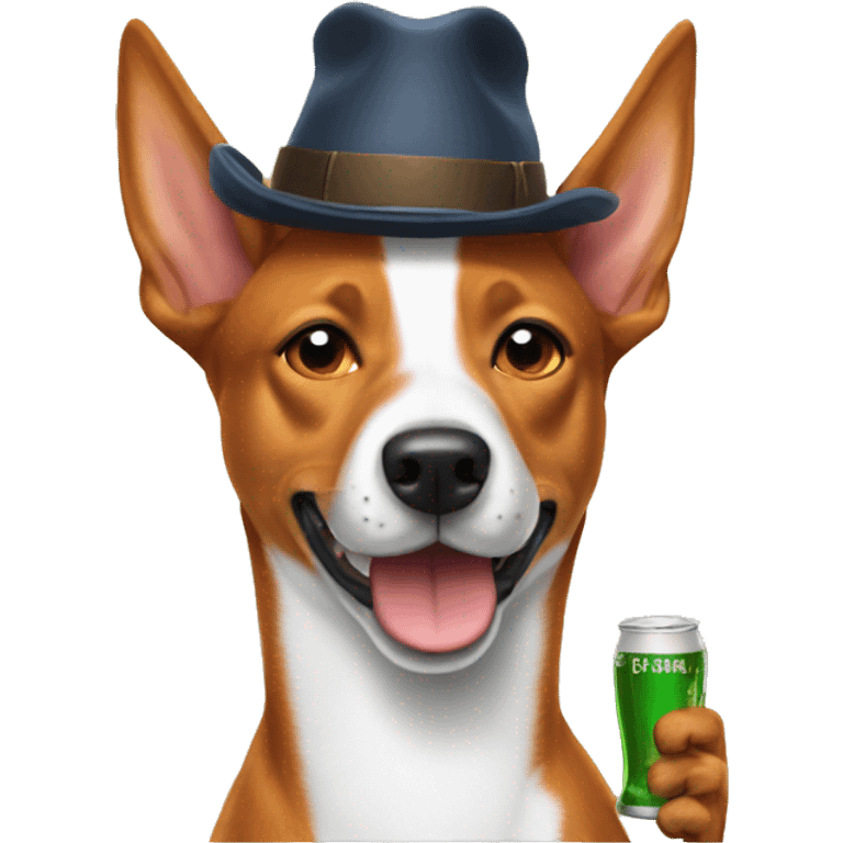 Basenji with a hat holding beer emoji