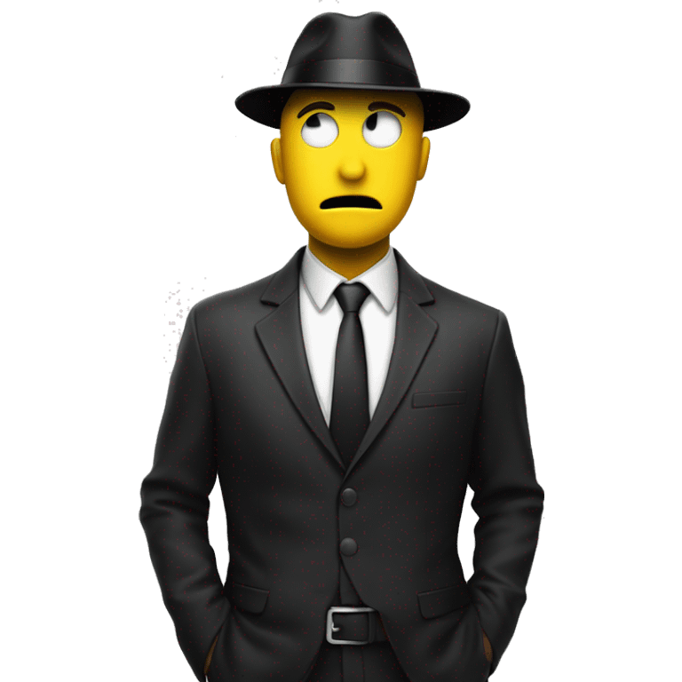 a yellow emoji face looking to his right a bit suprised, wearing a black agent hat. POV on his right side emoji