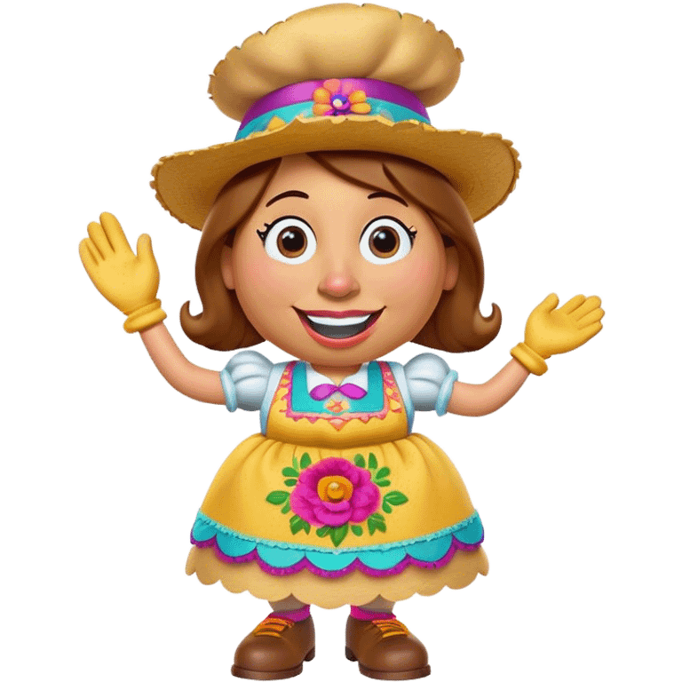 Create a 3D Pixar-style Mrs. Potato Head character with a rounded, slightly uneven shape, expressive eyes, a wide smile, and cartoonish limbs, dressed in a colorful apron with intricate embroidery, a vibrant hat adorned with a feather emoji