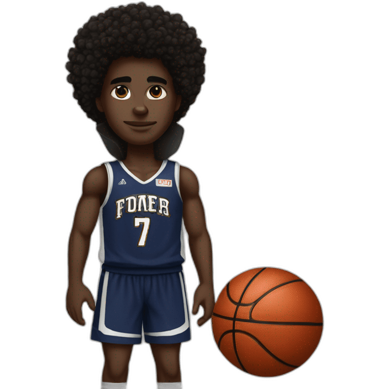 dark skin basketball player number 7 afro hair black and white jersey tattooes emoji