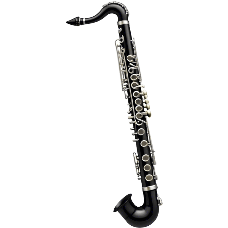 Create a sleek and professional emoji representing a black standard clarinet. The design should feature the smooth, black finish of the clarinet’s body with its shiny metal keys clearly visible. Highlight the mouthpiece with the reed at the top of the instrument. Include subtle details like the metal rings and key pads to emphasize its high-quality construction. Use black and silver tones to capture the classic and refined look of a traditional clarinet. Add soft musical notes around the instrument to evoke its melodic sound. The background should be transparent. emoji