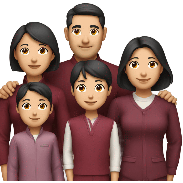 smiling Asian family of 6 with burgundy outfits emoji