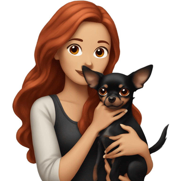 woman with long red hair and brown eyes holding all black Chihuahua  emoji