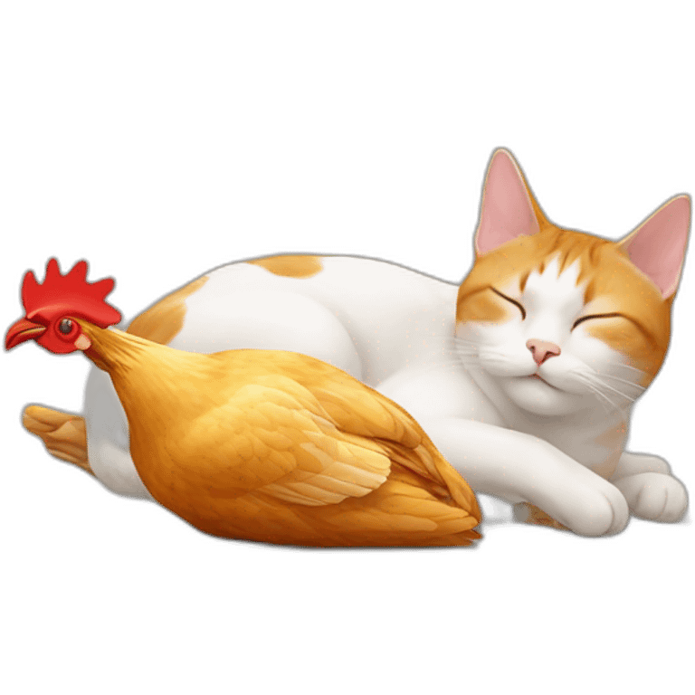 A cat sleeping on a chicken head emoji