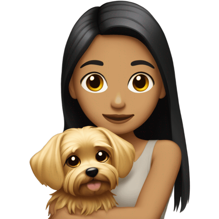 Tan girl with black straight hair hugging a blonde Yorkie  emoji