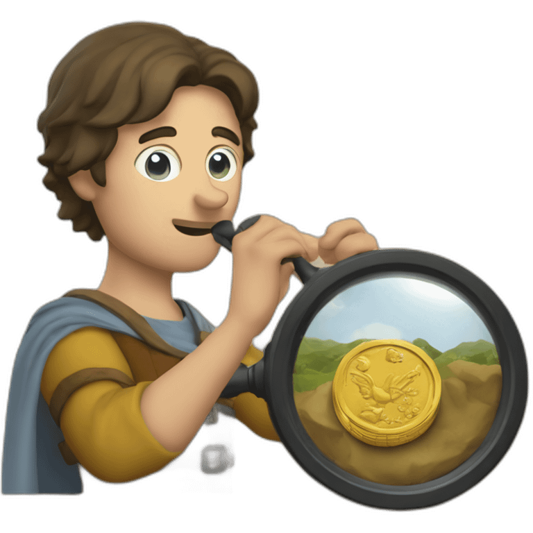 medieval coin collector, looking at a coin with a magnifying lense emoji