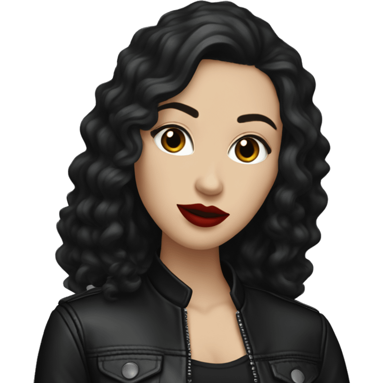 White girl, with long curly black hair, with red lipstick, wearing black shirt and black leather jacket emoji