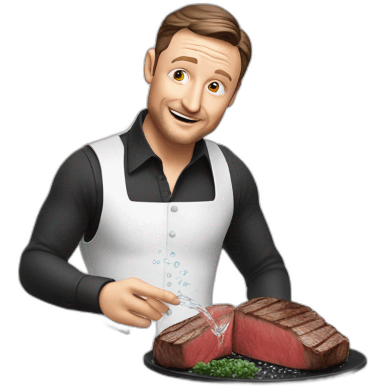 tim robinson dark black slicked back hair white long sleeve shirt with a light grey vest pouring water on a steak emoji