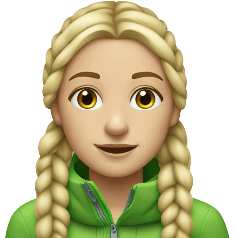 blonde girl, with freckless, green eyes, cite, two braids and goes skiing emoji