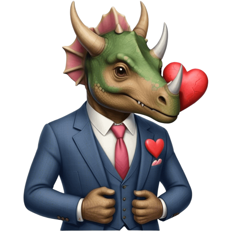 old triceratops in a suit holding a big heart emoji