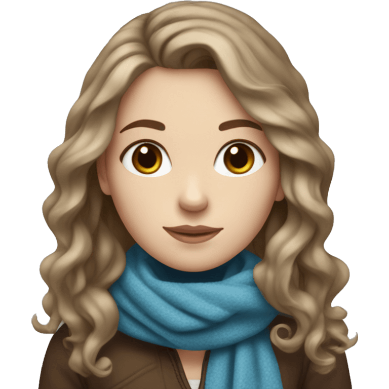 White girl with dark blonde wavy hair, a brown and brown scarf in winter. She has blue eyes. emoji