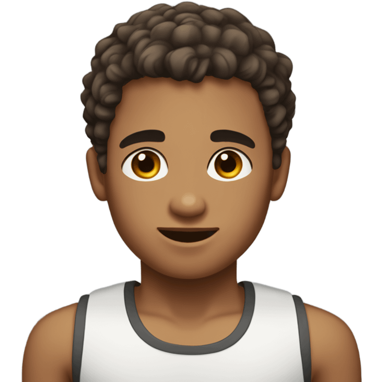 Boy with shaved hair on the sides and curly hair on top, dark brown eyes, wearing tank top emoji