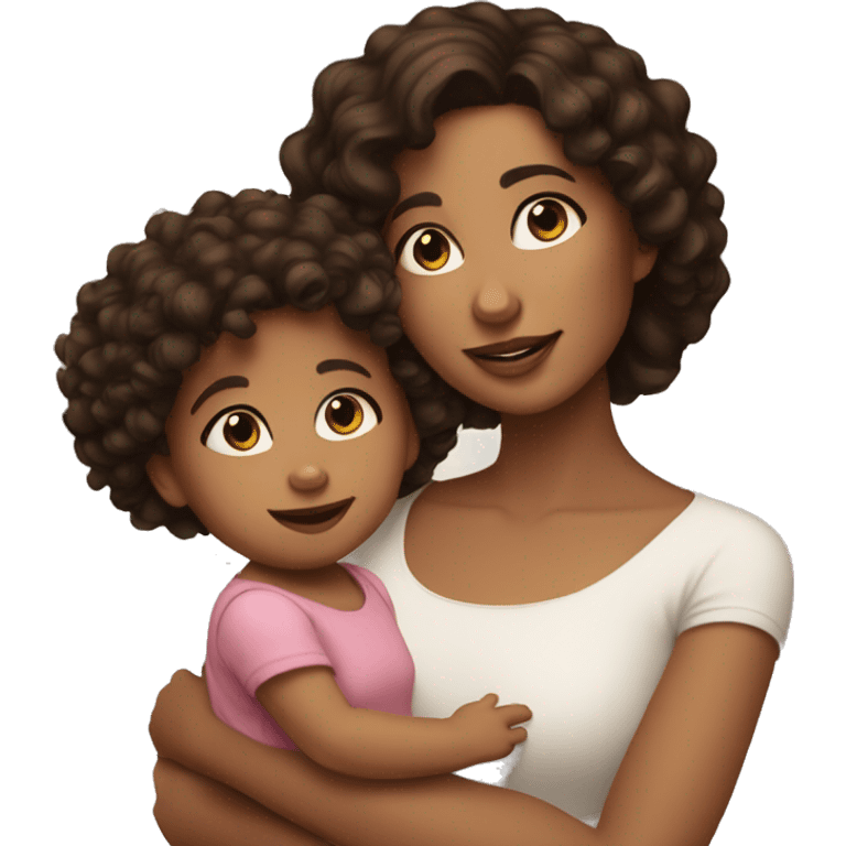 Brunette woman with dark brown eyes holding brunette toddler girl with curly hair and brown eyes emoji