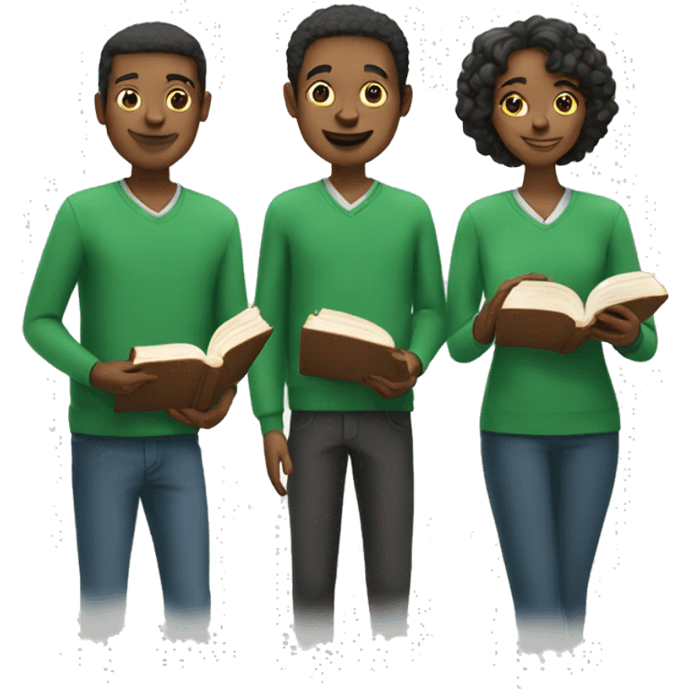 three people in green clothes holding books emoji