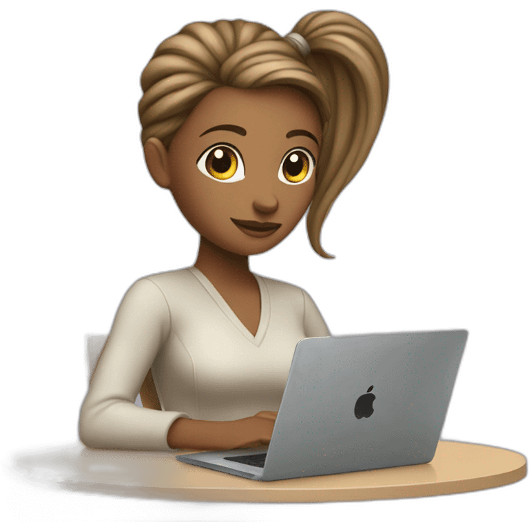 Woman with ponytail sitting at table with Apple laptop emoji