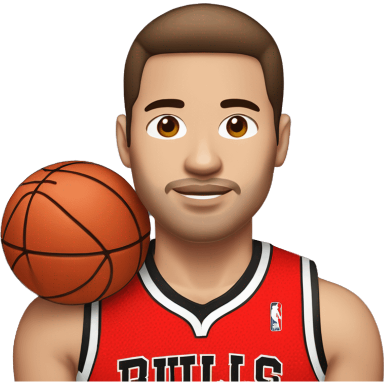 basketball player style "bitmoji snapchat", with red chicago bulls t-shirt, bitmoji with distance of camera, white skin, brown hair emoji