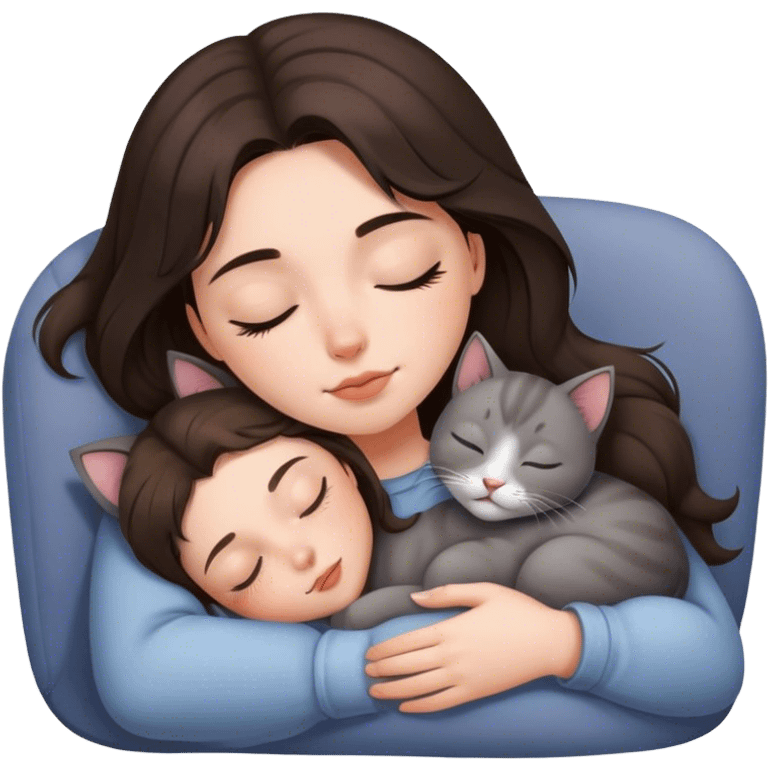 Grey kitty sleeping on brunette long hair girl's lap emoji