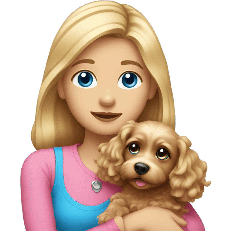 White dark blond girl with long hair and blue eyes wearing a pink shirt and hugging a cavapoo dog emoji