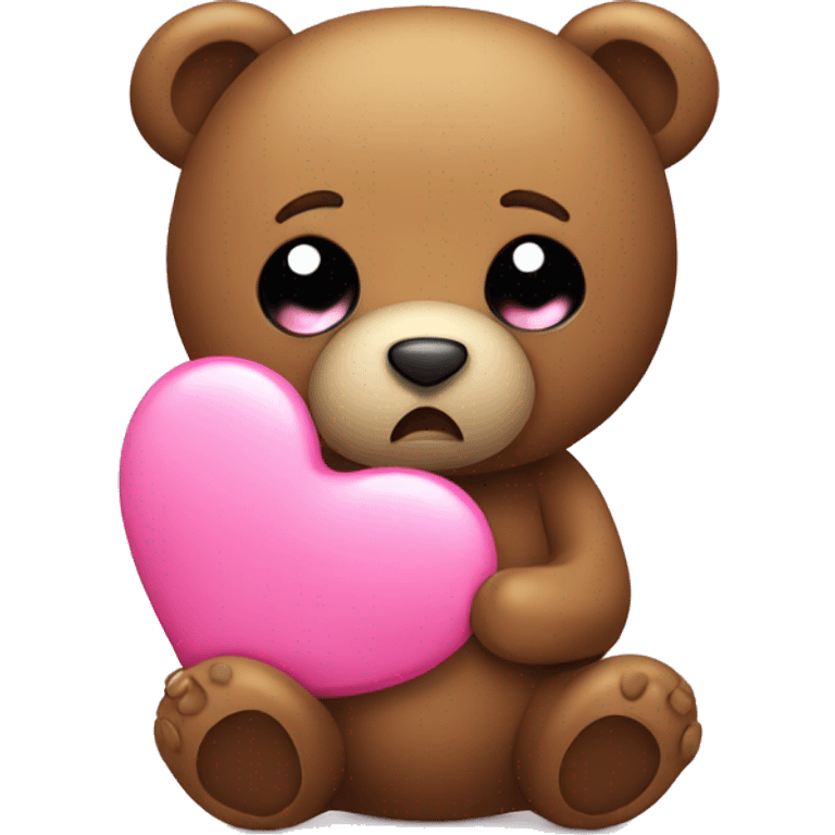 Teddy bear with sad eyes holding a pink heart emoji