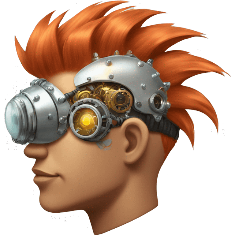 Light red Mohawk hair male cyborg head with white steampunk goggles and circuits emoji