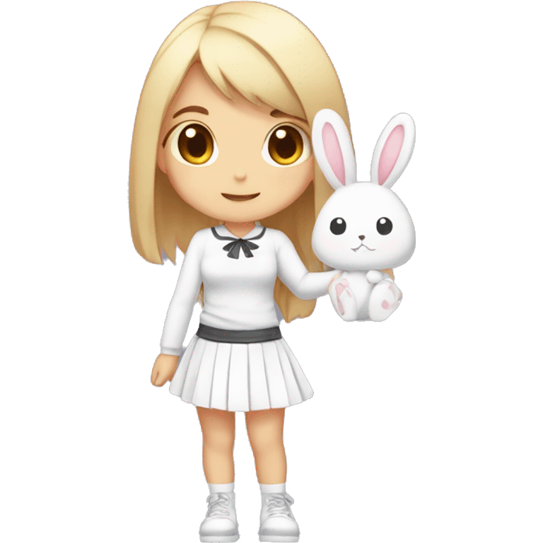 /anime, A chibi female girl with long hair in a ponytail holding a sign saying "Hi" Wearing a kawaii skirt and white kawaii top with a bunny hairclip emoji