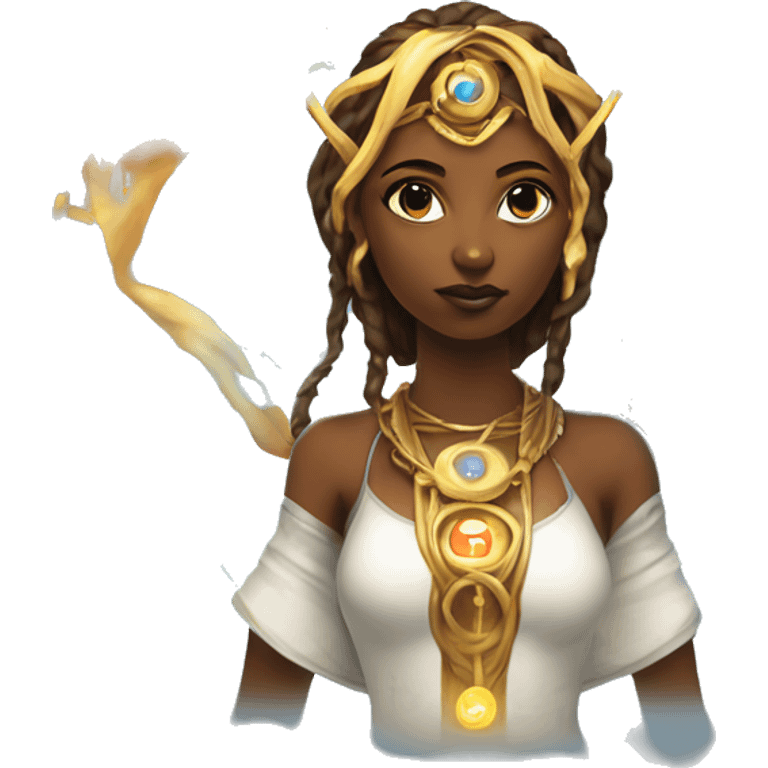 Technomancy Goddess is a mystical being who controls both magic and technology. She can cast spells on technological networks. Her powers blend the ancient art of magic with advanced cybernetics and technology. She can command machines emoji