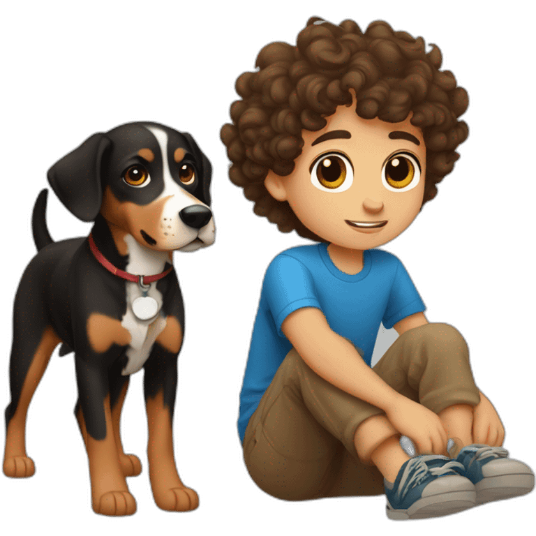 Russian Boy with curly brown hair with dog Entlebucher zennenhund emoji