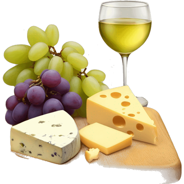 Wooden board with different kind of cheese, grapes and a glass of white wine emoji