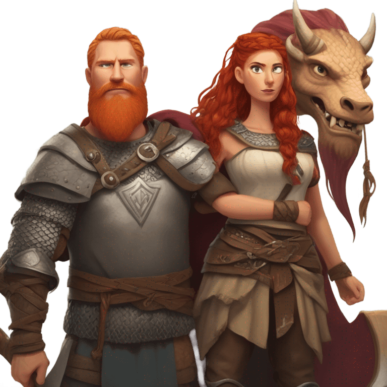 Viking red head beautiful  dragon  queen with a killed Viking solder with a man bun laying down on a dragon  emoji