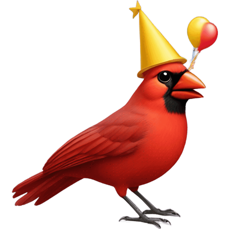 Happy red cardinal with birthday hat emoji