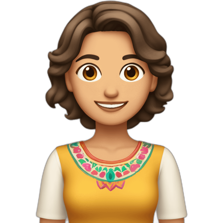 Xochitl Gálvez, mujer mexicana, cabello bob lacio, castaño claro, regordeta y con huipil, sonriente emoji