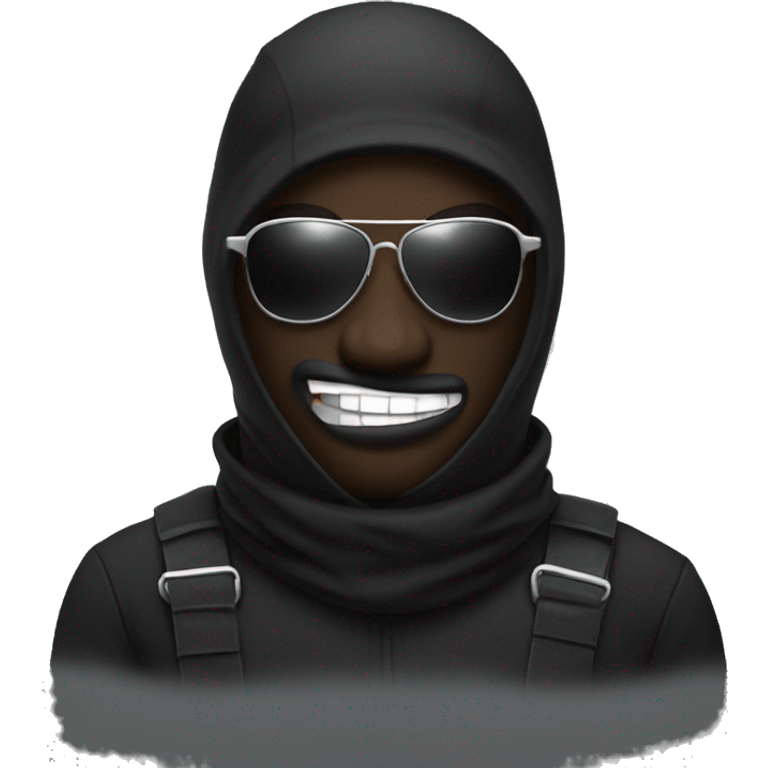 kan ye with a black balaclava in wooll, black sunglasses and silver grillz on teeth emoji