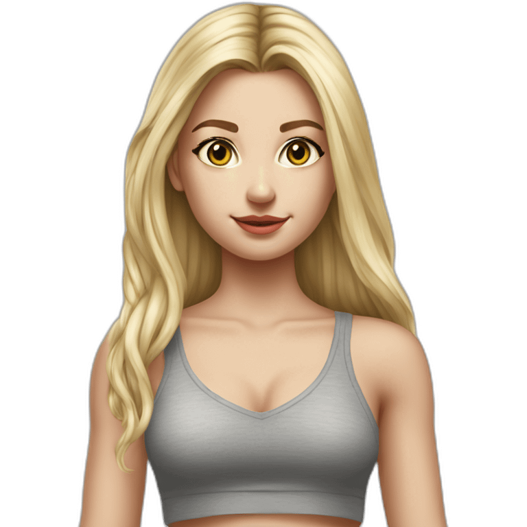 hyperrealist caucasian girl, long straight blonde hair, v-neck laced crop tanktop, grey tight mini skirt emoji