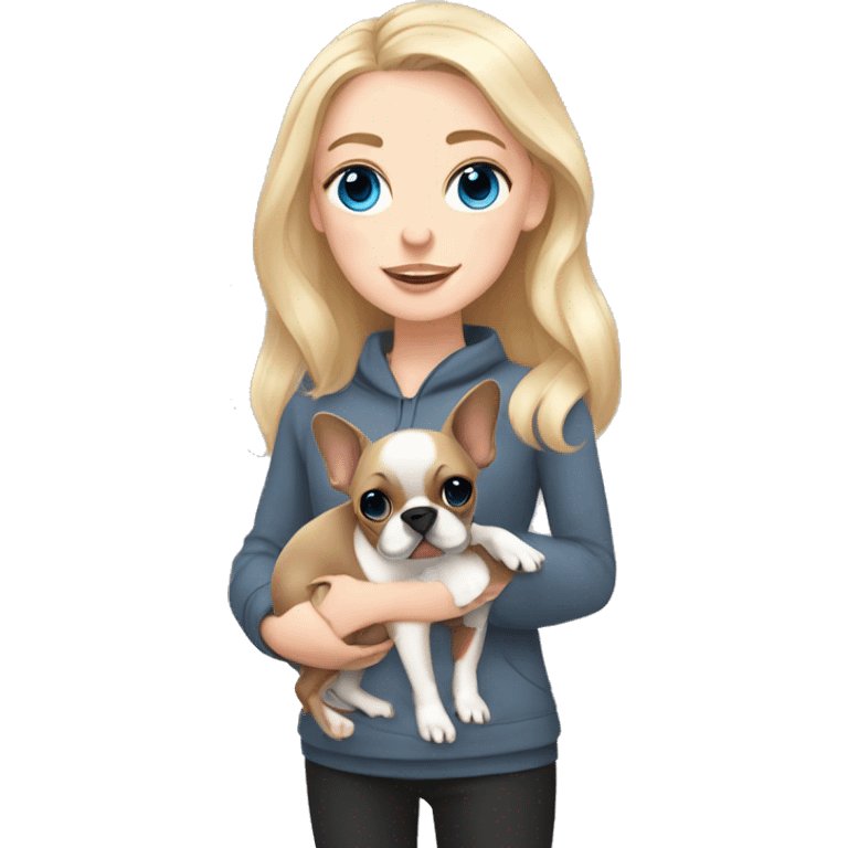 Blonde girl blue eyes holding a dark grey frenchie and a fawn pied frenchie emoji