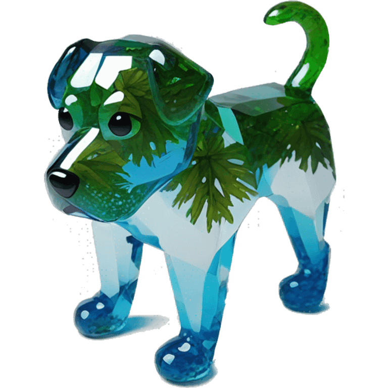 A dog made of glass mirror crystals prisms glass transparent filled with plants as a terrarium with graffiti doodles emoji