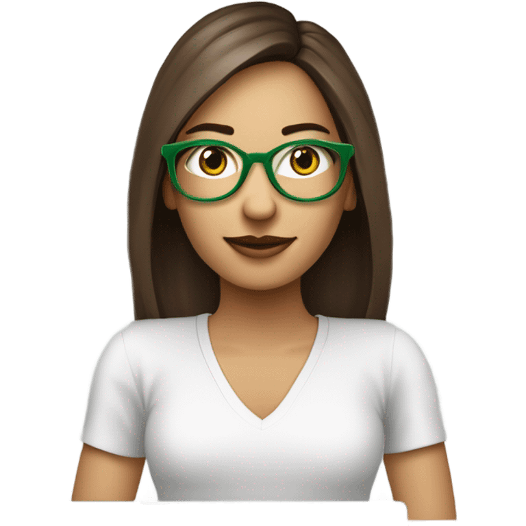 Développeur web qui porte des lunettes avec un pc dans les mains. femme blanche cheveux mi long marrons yeux verts et taches de rousseur sur le nez emoji