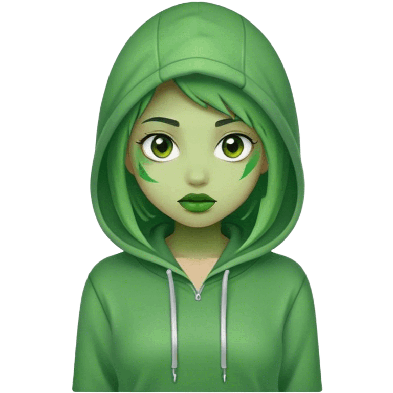 girl wearing hoodie and her face turned green because drinking too much matcha emoji