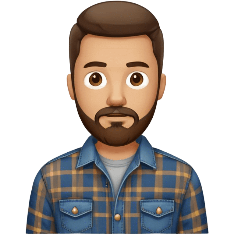 white man with dark brown beard and goatee  standing, wearing jeans and a plaid shirt emoji