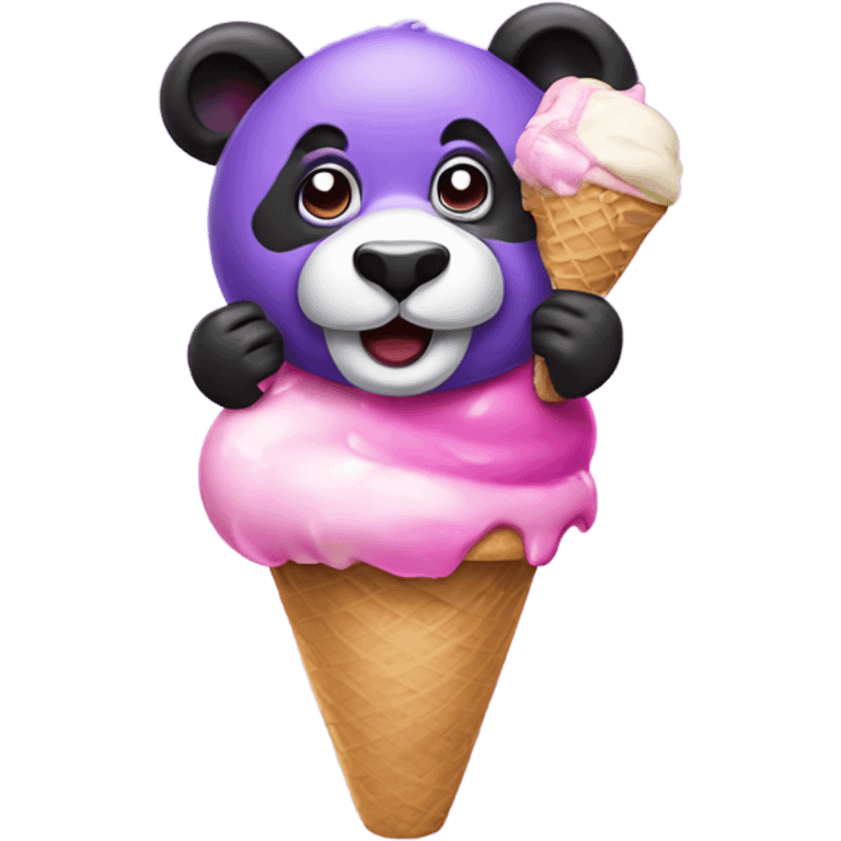 A goofy purple and pink panda eating ice cream emoji