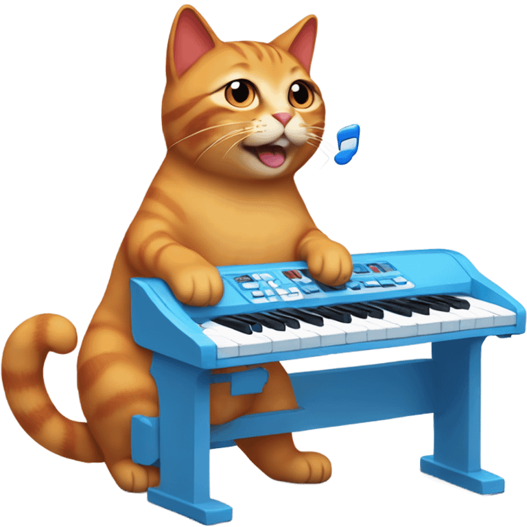 tan-red cat wearing a light-blue t-shirt and a blue base cap taps musical keyboard emoji