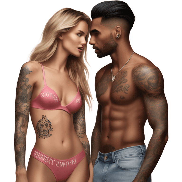 Photo of Victoria secret model having a serious conversation with a tattooed male model  emoji