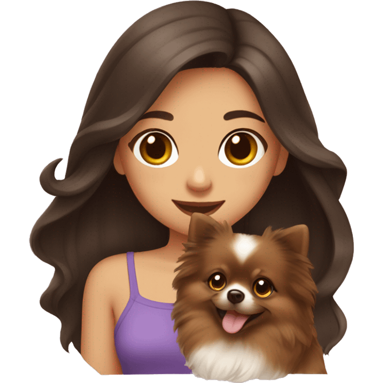 Girl with long wavy dark brown hair and medium brown eyes holds her pet pomeranian emoji