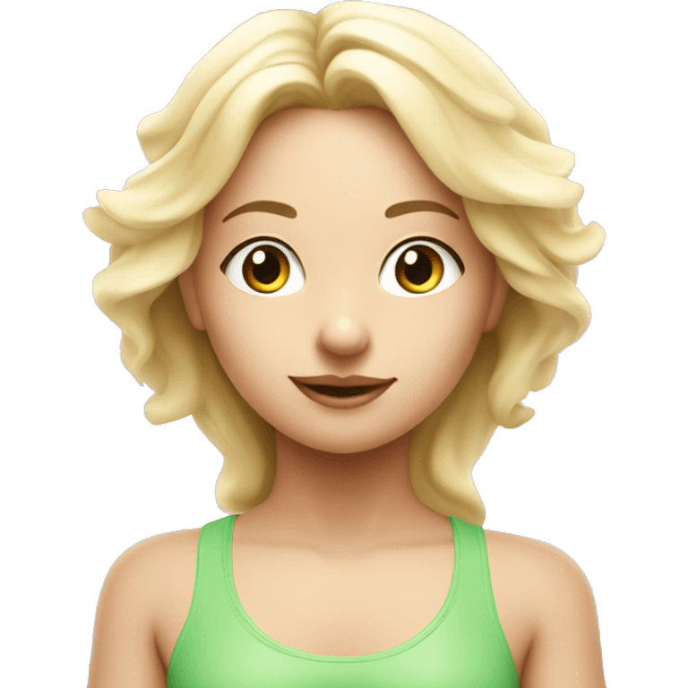 angelic blonde yoga girl in light pink yoga outfit and eyes green emoji