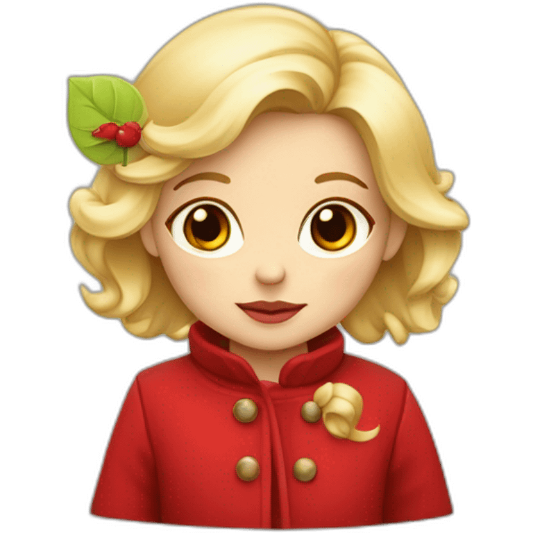 bébé fille blonde décoiffée avec une feuille d’érable rouge sur son manteau  emoji