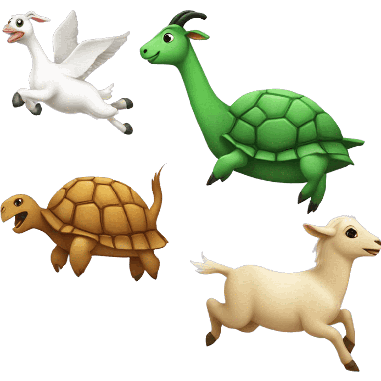 A goose, a goat, and a turtle jumping in happy celebration  emoji