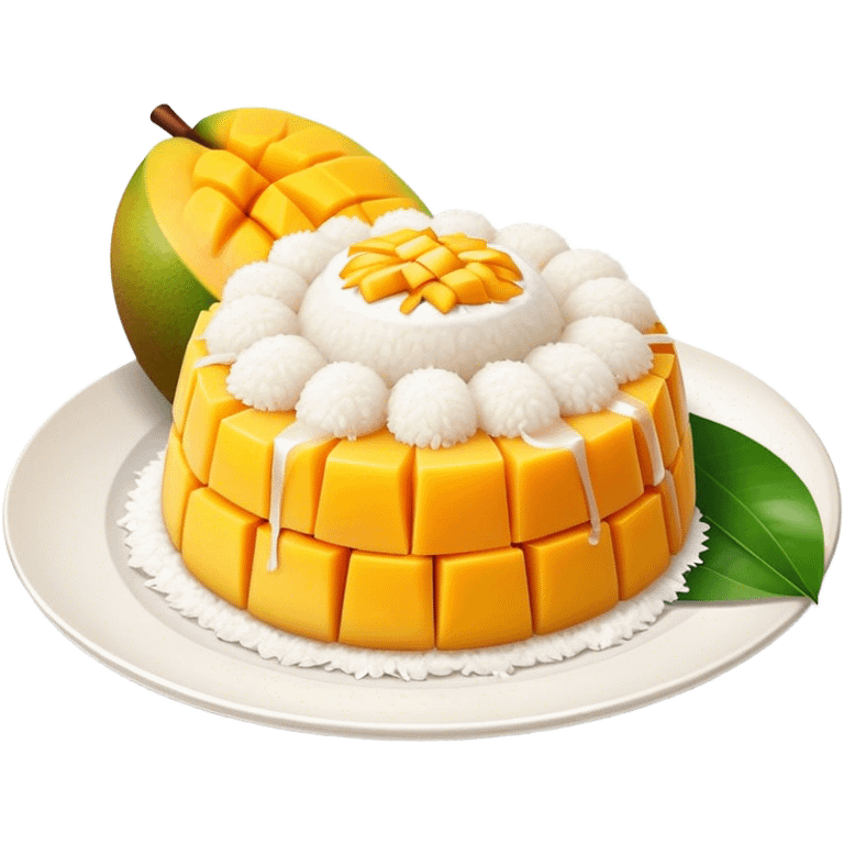 Mango Sticky Rice Cinematic Realistic Mango Sticky Rice Dessert Emoji, depicted as sticky rice drizzled with coconut milk topped with a layer of coconut cream, accompanied by sliced mango on the side of the plate, rendered with vivid textures and warm, tropical lighting. emoji