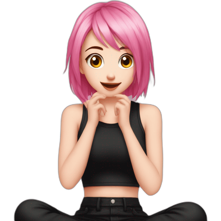 Full body Front view curvy emo girl pink hair sits on the floor straight view hands up black skirt полосатые рваные чулки emoji